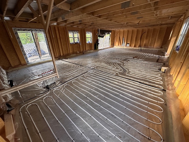 Underfloor heating pipework laid for a heat pump system
